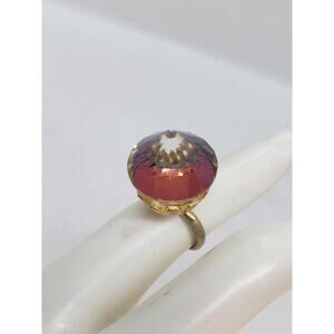 Vintage Rivoli AB Glass Cocktail Ring Gold Tone Adjustable Crown Setting Retro